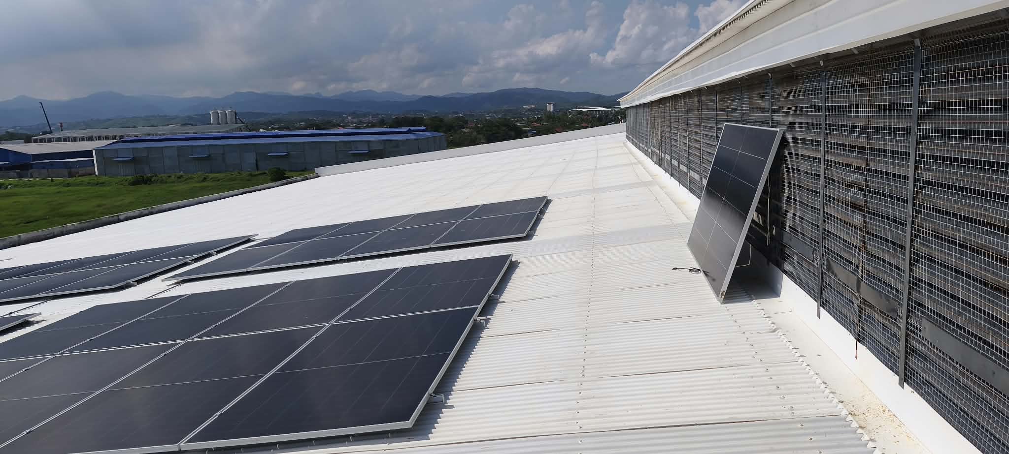 Rooftop solar modules with a walkway beside the service wall.