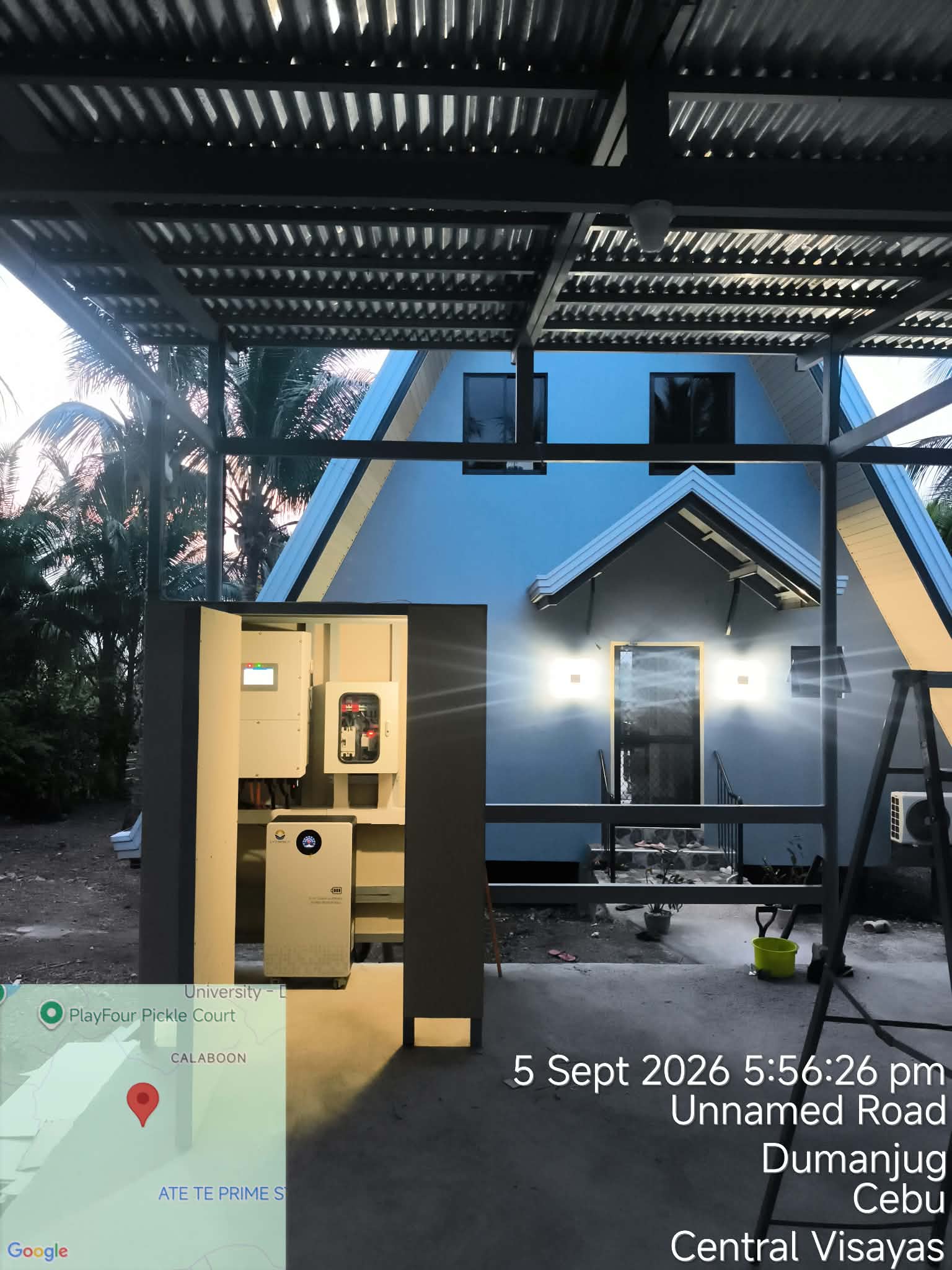 Solar equipment beneath a covered outdoor structure.